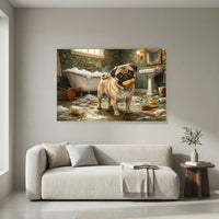 Pug Bathroom Stretched Canvas Wall Art, Humorous Dog Print, Vintage Powder Room Decor