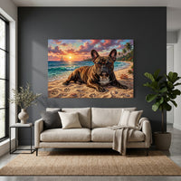 French Bulldog in Glasses on Tropical Sunset Beach Oil Painting Style Canvas Print Wall Art - Mockup Display 4