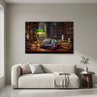 Peaceful Grey Cat Sleeping Library Oil Painting Style Canvas Print Wall Art for Study - Mockup Display 4
