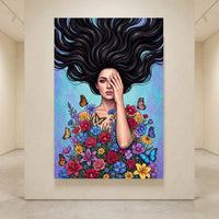 Vibrant Pop Art Woman with Flowers & Butterflies Canvas Print Wall Art Décor - Mockup Display 4