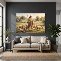 Good Shepherd Jesus Christ Oil Painting Style Canvas Print Wall Art, Serene Biblical Landscape - Mockup Display 4