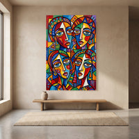 Colorful Abstract Faces Stretched Canvas Wall Art, Modern Geometric Portrait Print, Bold Room Decor
