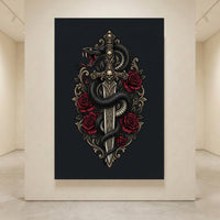 Gothic Snake & Skull Sword with Red Roses Illustrative Canvas Print Wall Art, Dark Fantasy Decor - Mockup Display 4