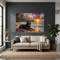 Rottweiler Dog Tropical Beach Sunset Oil Painting Style Canvas Print Wall Art Décor - Mockup Display 4