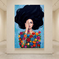 Vibrant Floral Woman Oil Painting Style Canvas Print Wall Art, Expressive Decor - Mockup Display 4