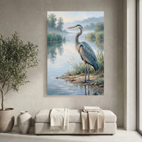 Great Blue Heron Oil Painting Style Canvas Print Wall Art, Serene Waterside Decor - Mockup Display 4