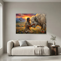 Native American Woman & White Bison Oil Painting Style Canvas Print Wall Art, Serene Landscape - Mockup Display 4