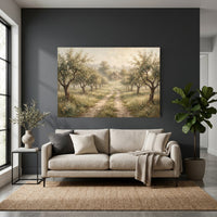 Misty Orchard Path Oil Painting Style Canvas Print Wall Art, Serene Landscape - Mockup Display 4