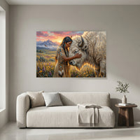 Native Woman & White Bison Oil Painting Style Canvas Print Wall Art, Spiritual Serenity - Mockup Display 4