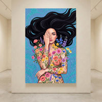 Enchanting Floral Woman Illustration Canvas Print Wall Art, Serene Beauty - Mockup Display 4
