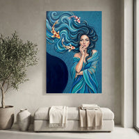 Mystical Woman & Koi Fish Oil Painting Style Canvas Print Wall Art, Serene Decor - Mockup Display 4