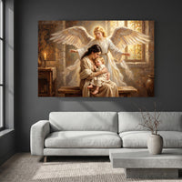 Guardian Angel Protecting Mother and Child Oil Painting Style Canvas Print Wall Art, Serene - Mockup Display 4