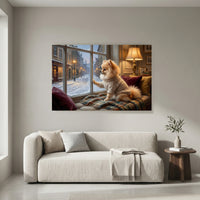 Pomeranian Stretched Canvas Wall Art, Snowy Window Dog Print, Cozy Living Room Decor