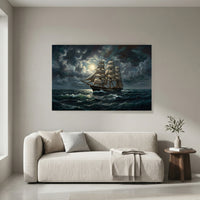 Majestic Three-Masted Ship Moonlight Oil Painting Style Canvas Print Wall Art - Mockup Display 4