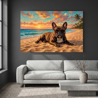 Cool French Bulldog Sunset Beach Oil Painting Style Canvas Print Wall Art for Dog Lovers - Mockup Display 4