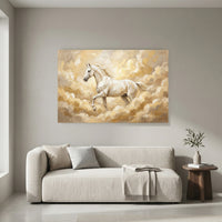 White Horse Galloping Oil Painting Style Canvas Print Wall Art, Golden Clouds - Mockup Display 4