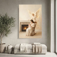 Serene Mother & Baby with Guardian Angel Oil Painting Style Canvas Print Wall Art - Mockup Display 4