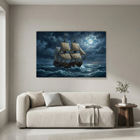 Dramatic Galleon Ship Moonlight Oil Painting Style Canvas Print Wall Art, Nautical Adventure - Mockup Display 4