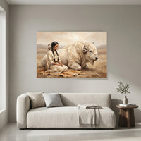 Native American Woman White Buffalo Oil Painting Style Canvas Print Wall Art, Serene Decor - Mockup Display 4