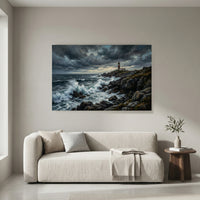 Stormy Lighthouse Stretched Canvas Wall Art, Dramatic Seascape Print, Coastal Living Room Decor