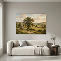 Countryside Landscape Stretched Canvas Wall Art, Cottage Meadow Print, Classic Living Room Decor