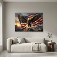 Bald Eagle Stretched Canvas Wall Art, American Flag Wildlife Print, Patriotic Statement Decor