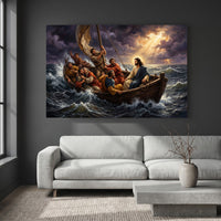 Biblical Jesus Calming Storm Oil Painting Style Canvas Print Wall Art, Religious - Mockup Display 4