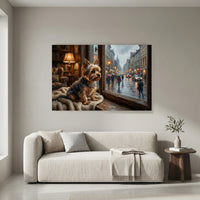 Yorkshire Terrier Stretched Canvas Wall Art, Rainy Window Dog Print, Cozy Living Room Decor