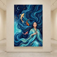 Mystical Asian Woman Koi Fish Oil Painting Style Canvas Print Wall Art, Elegant Decor - Mockup Display 4