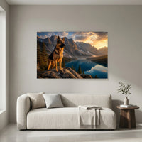 German Shepherd Dog Mountain Lake Sunset Oil Painting Style Canvas Print Wall Art, Majestic - Mockup Display 4