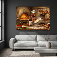 Whimsical Dachshund Chef Pizza Oil Painting Style Canvas Print Wall Art for Kitchen - Mockup Display 4