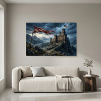 Dramatic Mountain Castle Libertas with Flags Canvas Print Wall Art, Epic Landscape. - Mockup Display 4