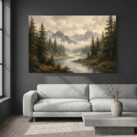 Serene Mountain Forest River Oil Painting Style Canvas Print Wall Art Décor - Mockup Display 4