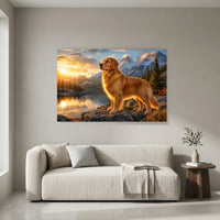 Majestic Golden Retriever Sunset Mountains Lake Art Print Canvas Wall Decor - Mockup Display 4