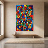 Geometric Faces Stretched Canvas Wall Art, Colorful Modern Portrait Print, Bold Living Room Decor
