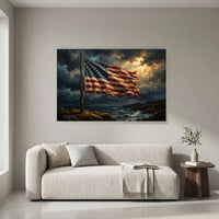 American Flag Coastal Canvas Wall Art, Dramatic Patriotic Seascape Print, Rustic Living Room Decor
