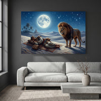 Desert Night Lion and Sleeping Man Oil Painting Style Canvas Print Wall Art - Mockup Display 4