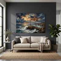 Dramatic American Flag on Rocky Coast Oil Painting Style Canvas Print Wall Art - Mockup Display 4