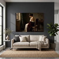 Contemplative Woman in Red Shawl, Classical Oil Painting Style Canvas Print Wall Art, Elegant. - Mockup Display 4