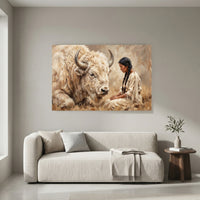 White Bison & Native American Woman Oil Painting Style Canvas Print Wall Art, Spirit - Mockup Display 4