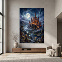 Enchanted Fantasy Castle Oil Painting Style Canvas Print Wall Art Night View - Mockup Display 4