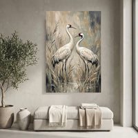 Elegant White Cranes Oil Painting Style Canvas Print Wall Art, Serene Decor - Mockup Display 4