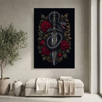 Intricate Dark Fantasy Snake & Dagger Roses Canvas Print Wall Art, Ornate Elegance - Mockup Display 4