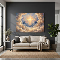 Radiant Cross in Divine Clouds Oil Painting Style Canvas Print Wall Art, Spiritual Decor - Mockup Display 4