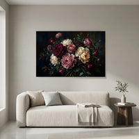 Dark Floral Bouquet Oil Painting Style Canvas Print Wall Art for Elegant Decor - Mockup Display 4