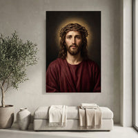 Jesus Christ with Crown of Thorns Oil Painting Style Canvas Print Wall Art, Sacred - Mockup Display 4