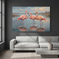 Three Pink Flamingos Oil Painting Style Canvas Print Wall Art, Serene Decor - Mockup Display 4