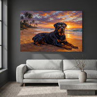 Cool Rottweiler Dog Oil Painting Style Canvas Print Wall Art, Tropical Sunset - Mockup Display 4