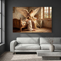 Guardian Angel & Child Praying Oil Painting Style Canvas Print Wall Art, Divine Grace - Mockup Display 4