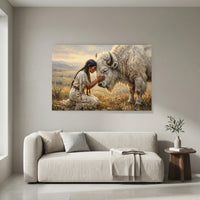 Native American Woman White Buffalo Oil Painting Style Canvas Print Wall Art, Spiritual Decor - Mockup Display 4